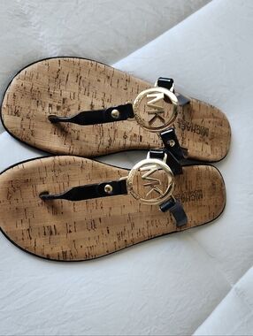 Michael Kors Black Patent Thong Sandals with Gold MK Medallion